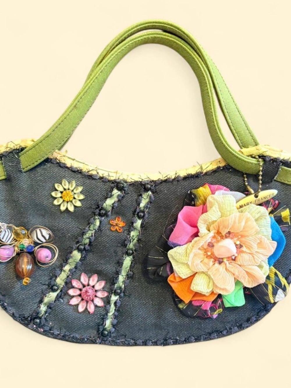 Mary Frances Multicolor Floral Denim Shoulder Bag with Green Handles